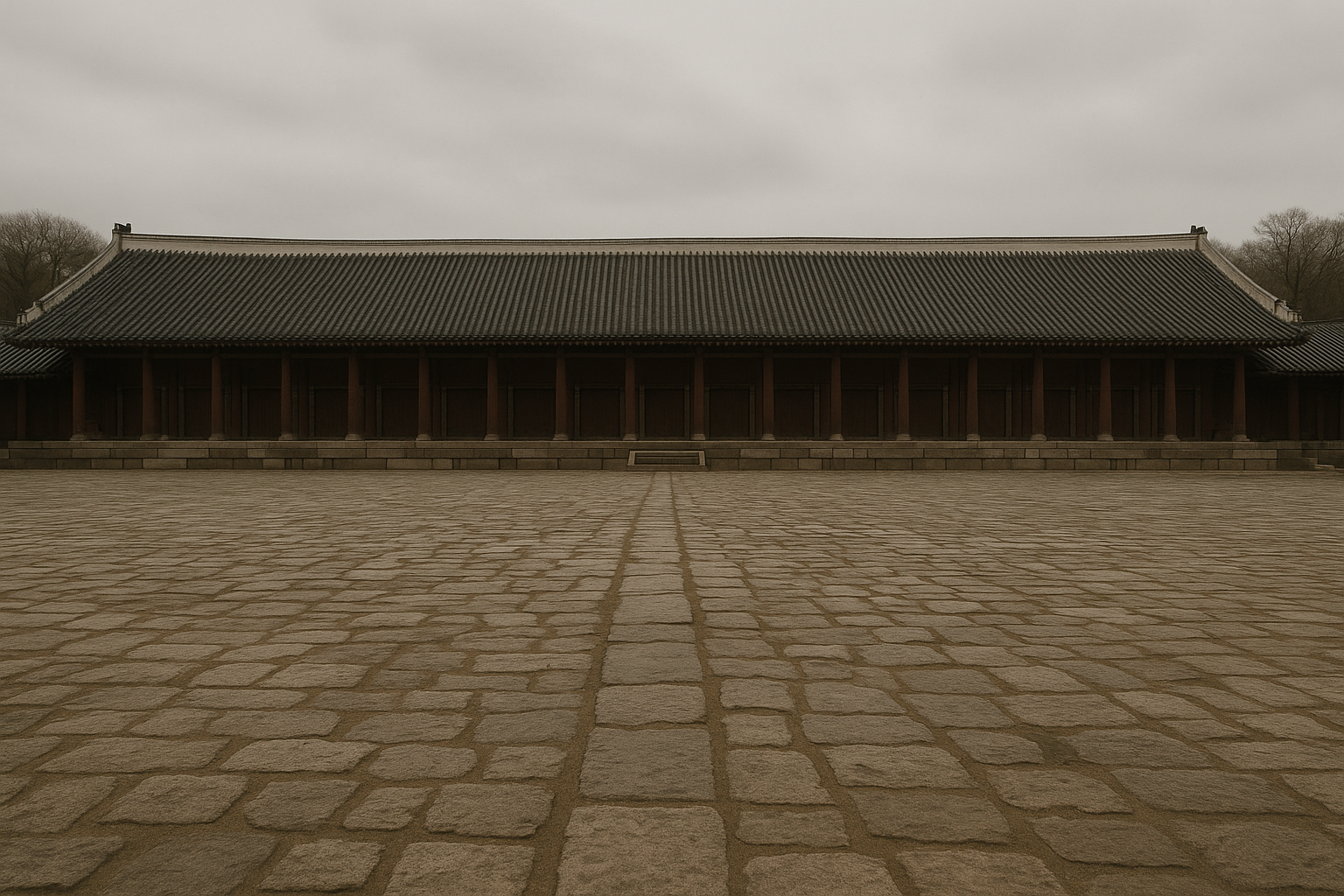 The long low shrine hall of Jongmyo in Seoul seen across its empty granite courtyard under soft overcast light