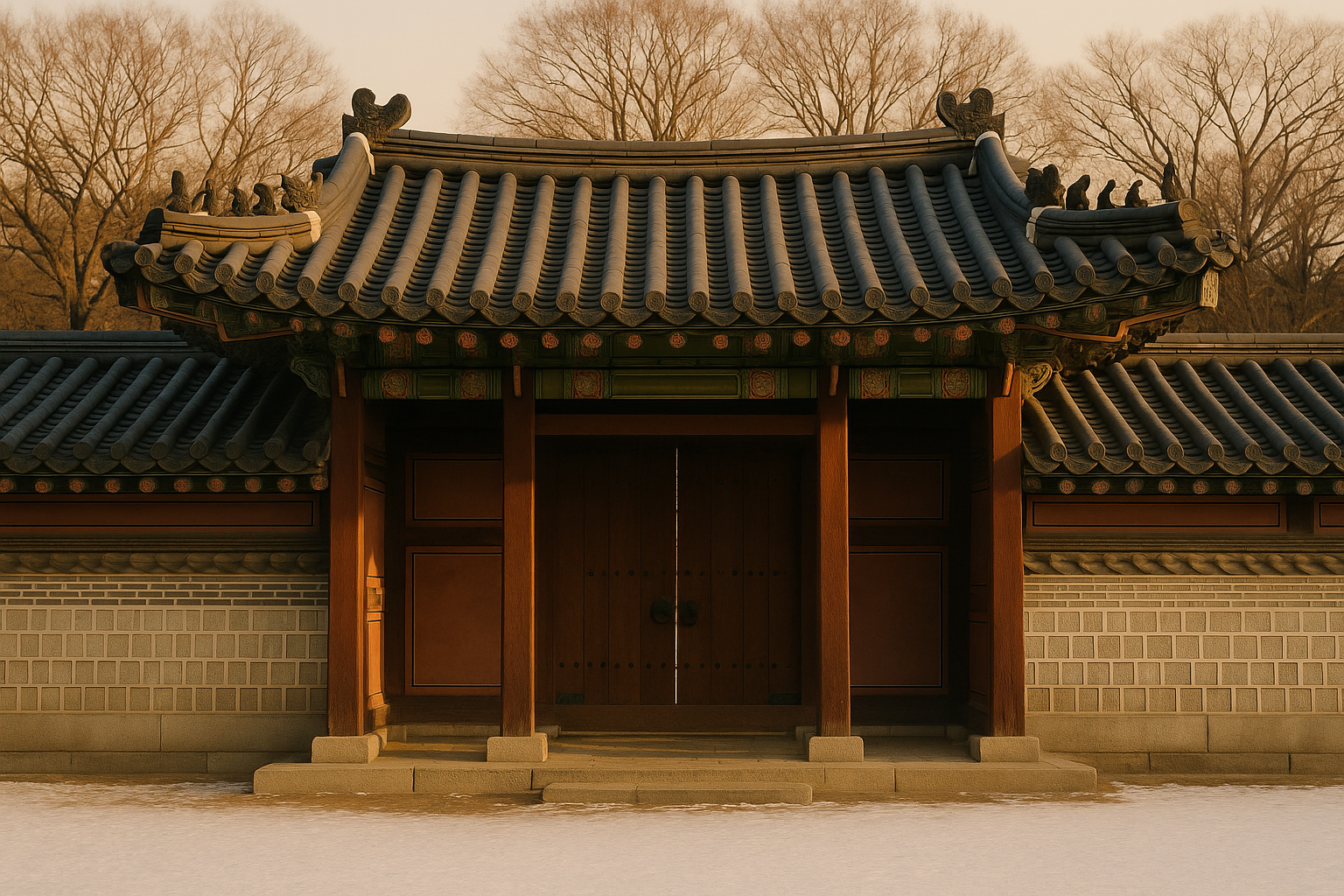 Closed gate of a Seoul royal palace on a winter afternoon
