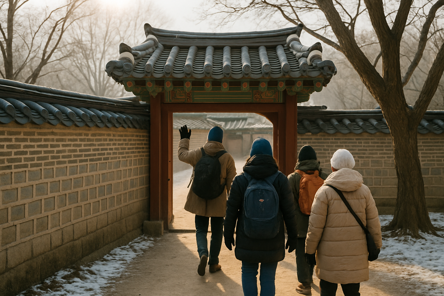 A guided group entering a reserved area of a Seoul royal palace in winter