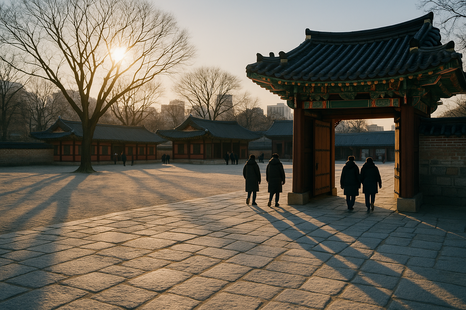 Winter afternoon light on a Seoul royal palace courtyard as visitors head for the gate
