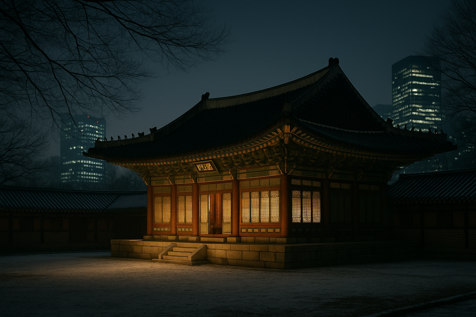 Seoul royal palace grounds lit at night in winter with city towers behind